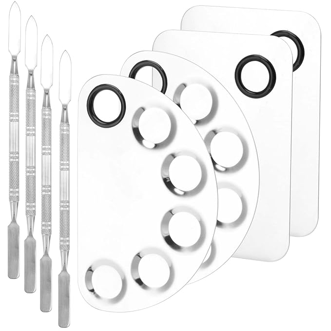 4 Pack Metal Makeup Palette, Makeup Mixing Palette with Spatula Makeup Palette Mixer Tray for Color Mixing and Makeup, Silver(2 Sizes)