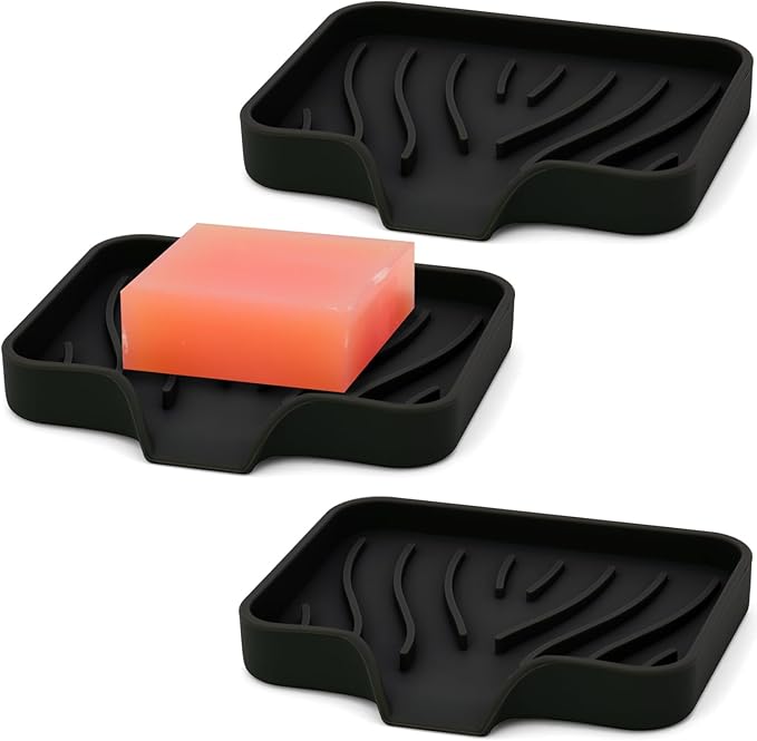 3-Pack Silicone Soap Dish, Bar Soap Holder, Soap Dishes for Bar Soap, Easy to Clean, Self Draining Soap Tray for Shower, Bathroom, Kitchen, Bathtub, Keep Soap Dry, Save Soap (Black)