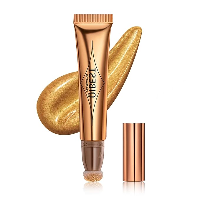 Highlighter Beauty Wand, Cream Liquid Highlighter Makeup Stick, Silky Smooth Face Shimmer Bronzer Stick with Cushion Applicator, Lightweight Body Face Glowing Highlighter, Cruelty-free(Bronze Gold)