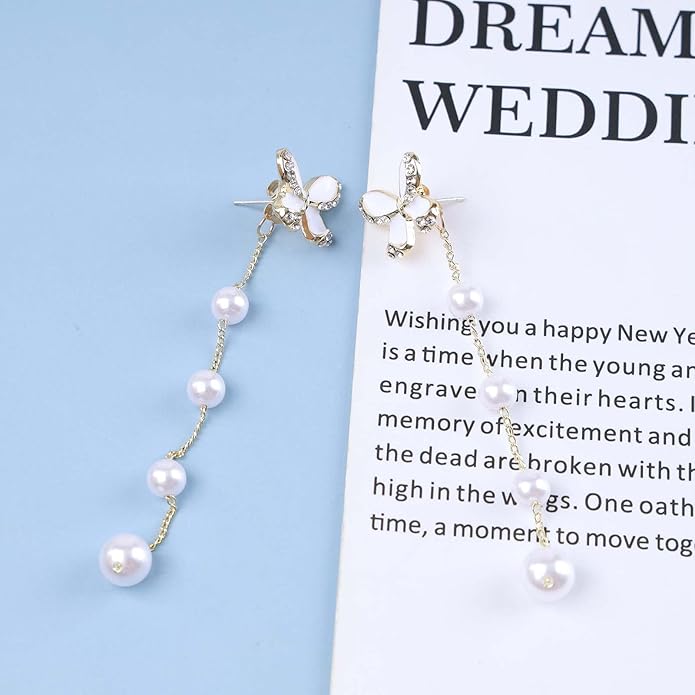 Vintage Butterfly Pearl Drop Earrings Gold Pearl Chain Earrings Long Pearl Tassel Earrings White Butterfly Stud Earrings Wedding Pearl Earrings Jewelry for Women
