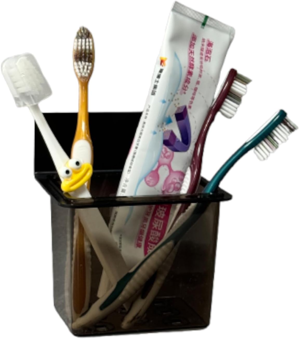 Toothbrush Holder Toothpaste Holder with Wall Mount for Family, Metal Frame & Plastic Black Bathroom Organizer Set with Adhere Tape for Bathroom -one Pack