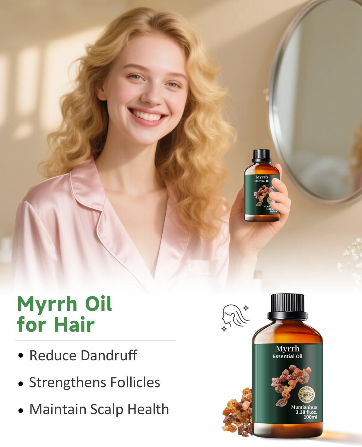 Pure Myrrh Essential Oil, Mumianhua Therapeutic Grade Natural Myrrh Oil for Skin Care, Aromatherapy, Beard Care, Earthy Candle Making, Cleaning Blends & Home Purifier 3.38 Fl Oz