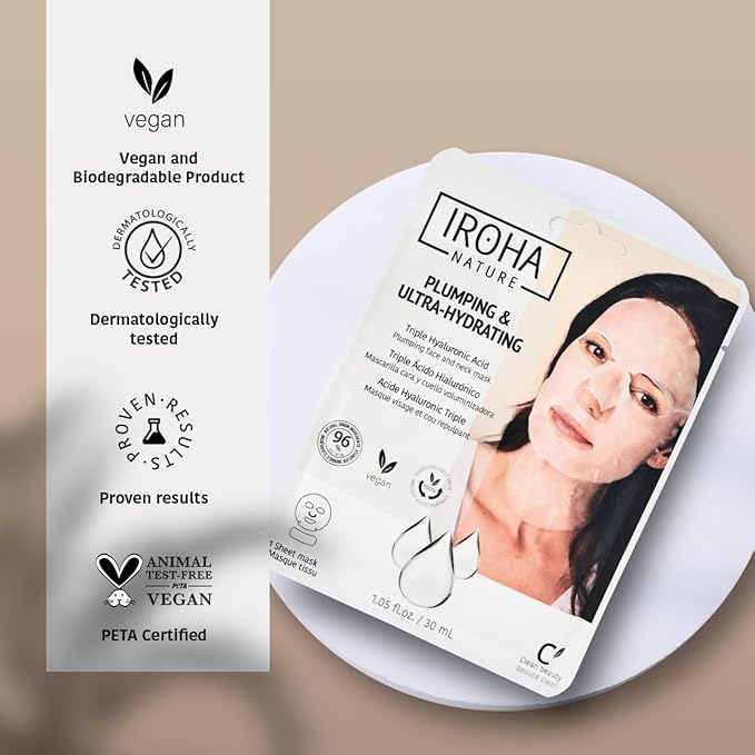 IROHA NATURE Replumping & Anti-Aging Tissue Face Mask (Pack of 5) | With Triple Hyaluronic Acid | Deep Hydration & Anti-Aging Effect | For Softer Skin | 100% Vegan
