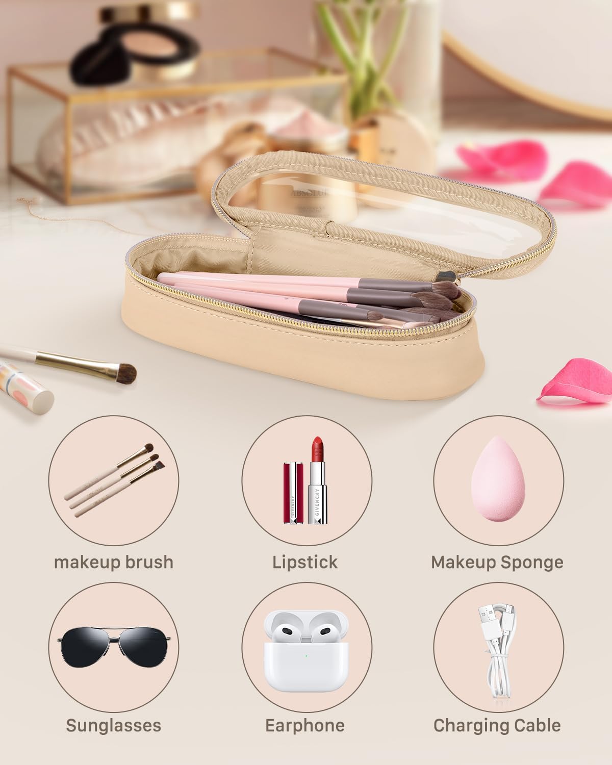 Clear Travel Makeup Brush Holder, Leather Makeup Brush Toiletry Bag, Portable Cosmetic Brush Case, Transparent Waterproof Makeup Brush Storage Bag, Khaki