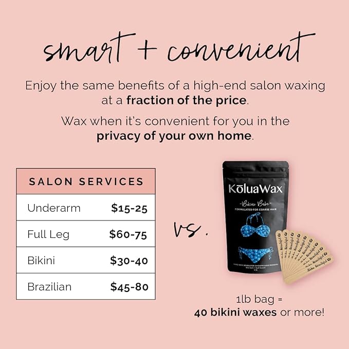 KoluaWax Hard Wax Beads for Hair Removal – Coarse Hair Formula – Face, Brazilian, Underarms, Back Chest, Bikini Waxing – Sea Salt & Surf, 1lb Refill for Wax Warmers & 10 Large Applicator Sticks