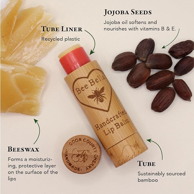 Bee Bella Lip Balm, Cherry, 3 Pack - Hydrating, Moisturizing Lip Care, 100% Natural, Original Organic Beeswax with Vitamin E, Handmade in USA