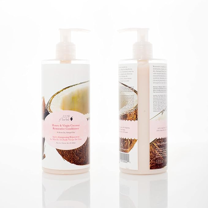 100% PURE Honey & Virgin Coconut Restorative Conditioner Moisturizer & Repair Replenishing Nutrient Boost for Dry Damaged Hair, Promotes Healthy Growth for Women & Men - Sulfate Free - 13 Fl Oz