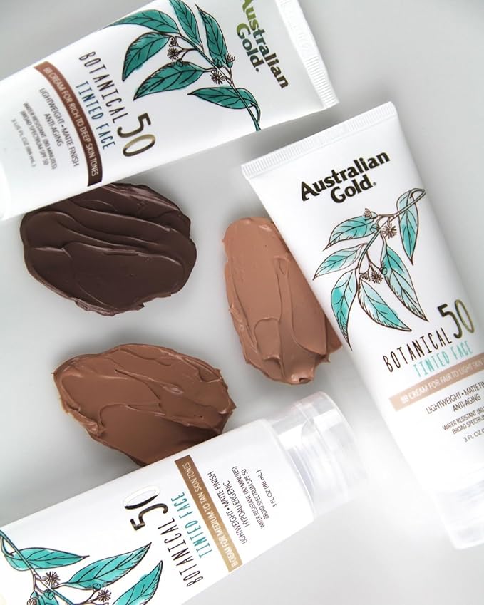 Australian Gold Botanical SPF 50 Tinted Face Sunscreen, Non-Chemical BB Cream, Water-Resistant, Matte Finish, Sensitive Skin, 3 FL Oz