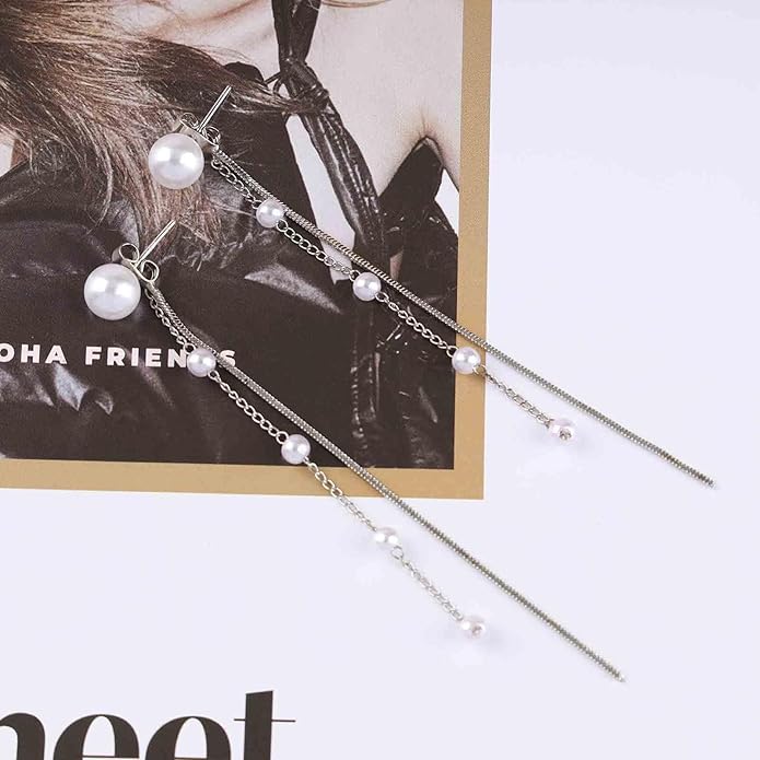 Vintage Pearl Dangle Earrings Long Pearl Chain Earrings Silver Pearl Tassel Drop Earrings Tiny Pearl Bridal Earrings Jewelry for Women