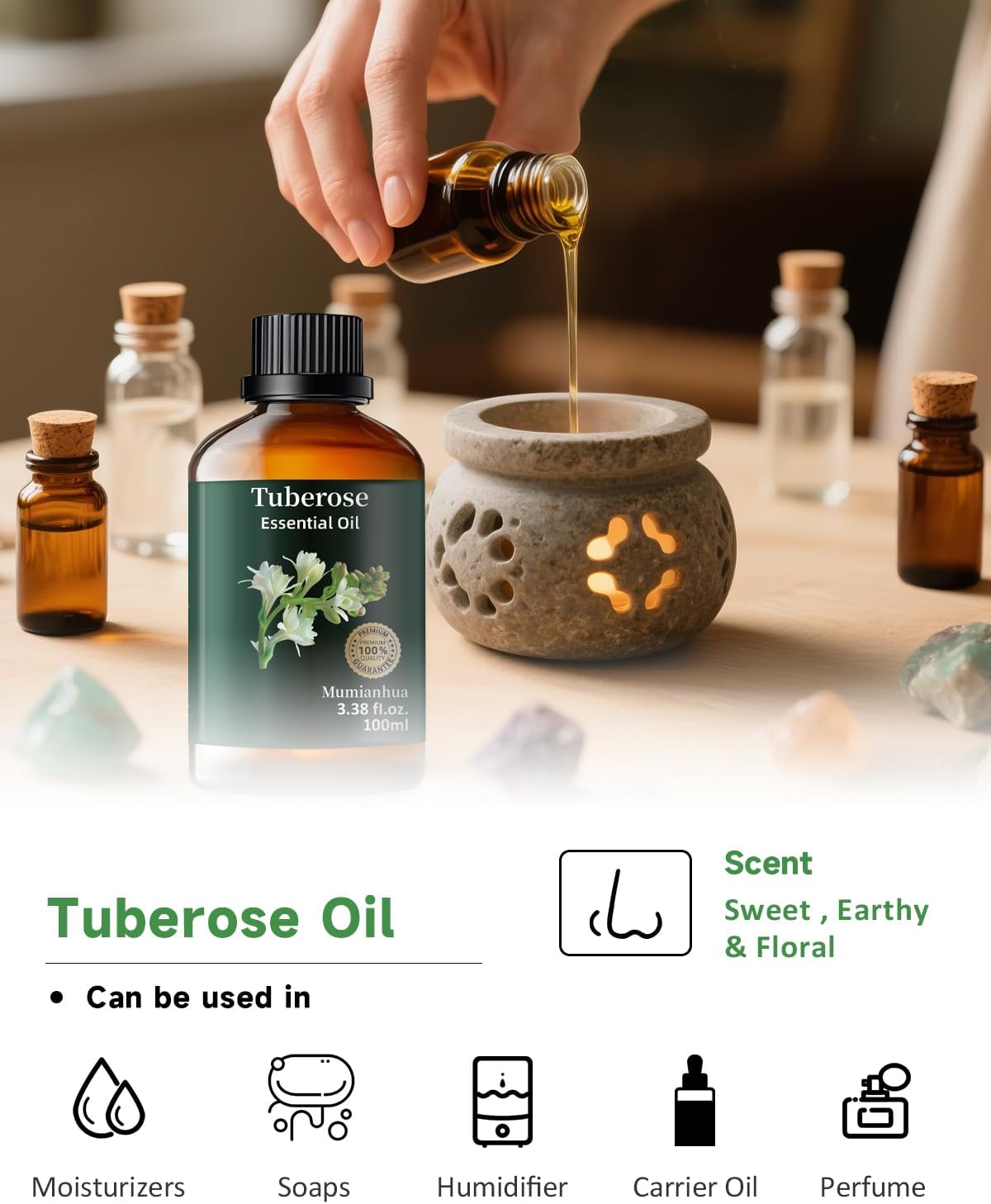 Mumianhua Tuberose Essential Oil 100% Pure Therapeutic Grade Natural Flower Tuberose Oil for Diffuser, Massage, Yoga, Skin,Hair, DIY Perfumes & Fragrance Candle Making Scents 3.38 Fl Oz