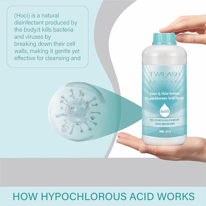 Hypochlorous Acid Spray 600ml Refill | HOCl Face & Skin Cleanser | Facial Mist, Acne & Eczema Relief, Tattoo & Piercing Aftercare | Eyelid Lash Cleanser | Alcohol-Free pH-Balanced Toner