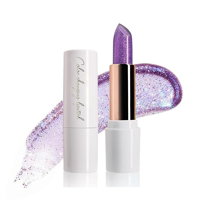 Purple Shimmer Lipstick,Ph Mood Magic Color Changing Lip Balm Plumping Glimmer Glow Lipstick Hydrating Lip Glow Oil Lasting Tinted Lip Balm Moisturizing Lips Care Temperature Jelly Lipstick(5#)