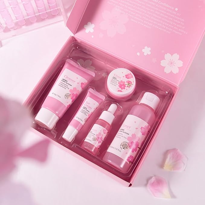 Greyghost Skin Care Set for Teenage Girls Women, 5 Pcs Cherry Blossom Skincare Set - Cleanser, Toner, Serum, Eye cream, Cream, Gentle Skin Cleaning & Care Gift Set, Travel Size Skin Care Set