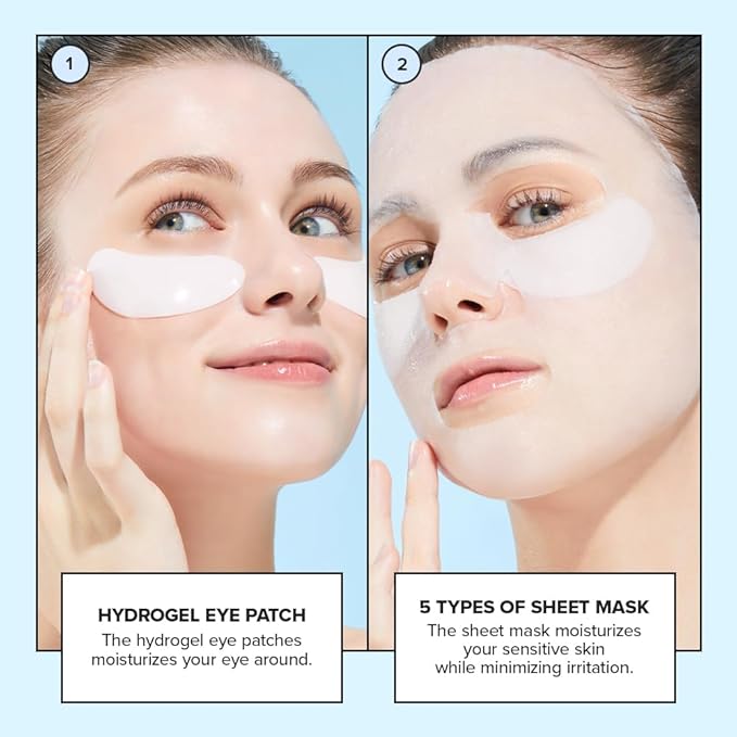 I DEW CARE Collagen Sheet Mask Variety Pack with Eye Patches - 5Days Face Masks Skincare Korean | Hydrating Collagen Face Mask, Moisturizing Skin Care, Sheet Masks for Women, Facial Skincare Pack, 5EA