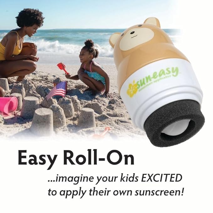 Sun-Easy Sunscreen Applicator, Refillable Roll-On with Sponge for Kids and Babies, Fun, Fast and Mess-Free application, Holds 100 ml, Bear/Green Cap