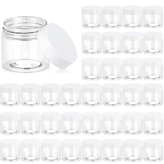 Eternal Moment 36 Pack 2 OZ Plastic Jars Round Clear Cosmetic Container Jars with White Lids, Perfect for Lotion, Slime,Cream, Ointments, Makeup, Eye Shadow, Samples, Pot, Travel Storage