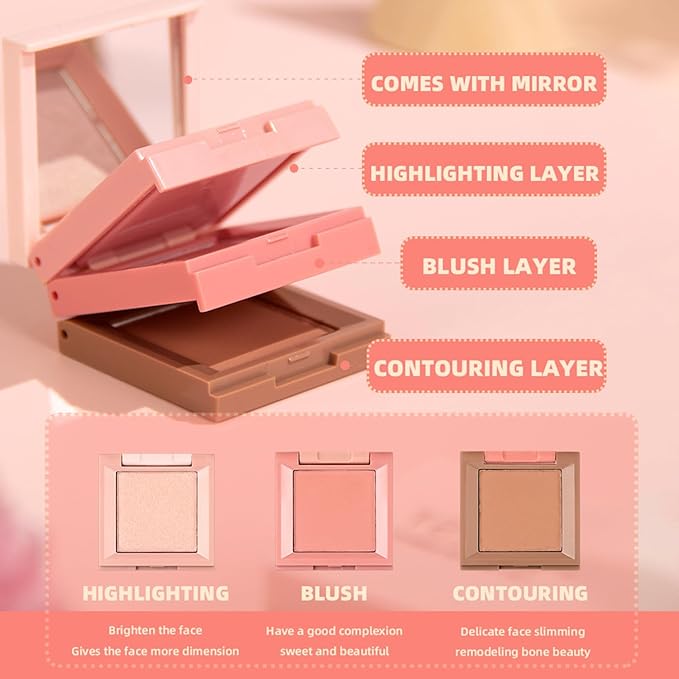 3 in 1 Highlighter Contour Blush Makeup Palette, 3 Colors Matte Shimmer Brighten Highlighting Bronzing Blusher Eyeshadow Pallet, Long Lasting Full Face Eyes Contouring Shaping Makeup kit with Mirror