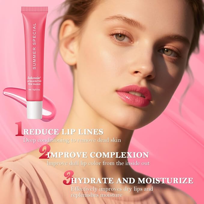 Summer Lip Butter Balm, Moisture and Hydration Lip Gloss, Long-lasting Hydrating Non-Sticky Lip Balm, Soften Dry Lips Lip Care (#Pink Guava, 1Pcs)
