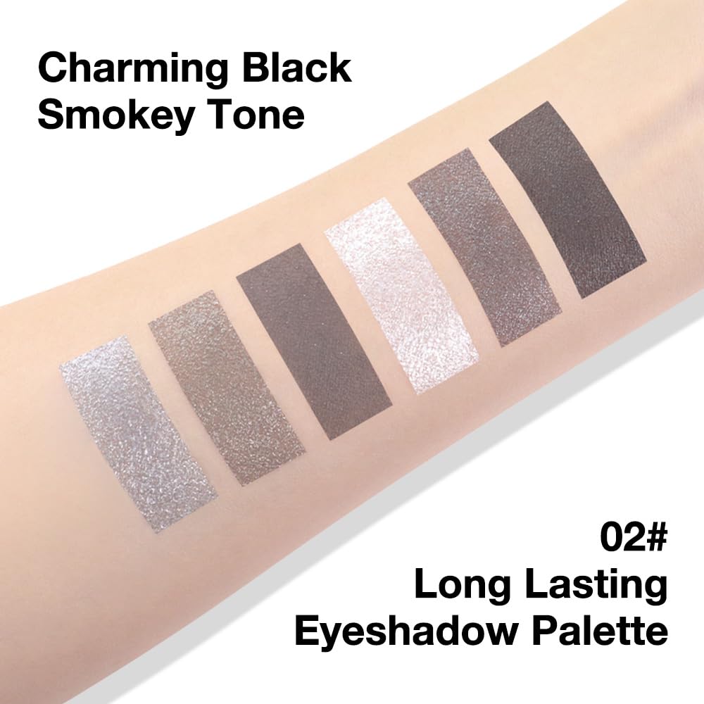 Kaely 6 Colors Mini Smoky Eye Shadow Palette Makeup, Black Grey White Silver Glitter Shimmer Smokey Eye Eyeshadow Palette for Older Women Pigmented Waterproof, Goth Halloween Makeup, Cruelty-free 02