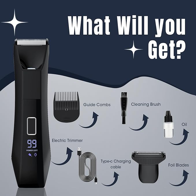 2-in-1 Manscape Trimmer for Men,Body & Groin Hair Trimmers for Men,Bikini Trimmer Women- Wet/Dry Electric Razors for Smooth No-Nick Shaving,IPX7 Waterproof Ball Shaver,LED Display,Black