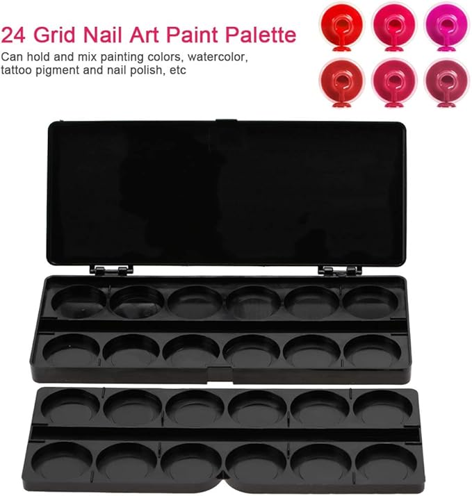 Nail Art Palette, 24 Grid Plastic Nail Art Paint Color Mixing Palette Plate Watercolor Pigment Color Mixing Case Manicure Drawing Tray(Black)