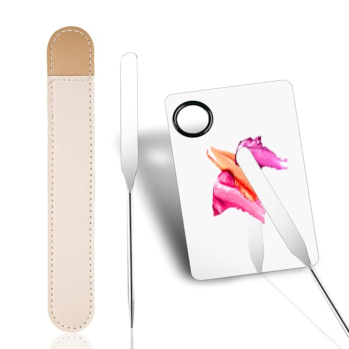 Picasso Makeup Spatula and Palette Set, Korean Makeup Spatula with Leather Cover, Stainless Steel Makeup Palette with Scraper Tool, Metal Foundation Palette for Cosmetic Pigment Blending(SS)