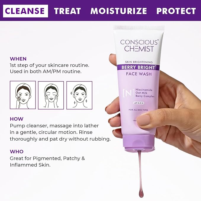 Conscious Chemist® Niacinamide Face Wash | 100ml | Pore Refining & Brightening Cleanser for Men & Women | With Blueberry & Açaí Berry Extracts | All Skin Types | Gentle & Cruelty-Free – Berry Bright