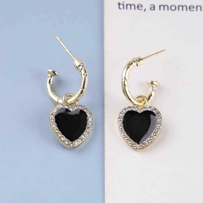 Vintage Crystal Heart Drop Earrings Black Heart Onyx Earrings Black Heart Hoop Huggie Earrings Gold Cz Love Heart Earrings Jewelry for Women