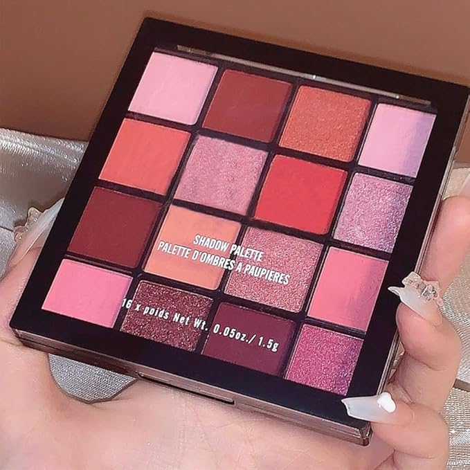 16 Girds Colorful Matte Shimmer Eyeshadow Palette for Eye Makeup,High Pigmented Eye Shadow Primers Powder Palet de sombras de ojos-Pink Red#