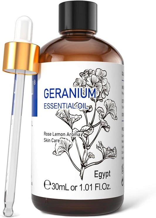 HIQILI 30ML Geranium Essential Oil๏ผ for Skin, Diffuser & Candle, 100% Pure and Natural - 1.01 Fl.Oz