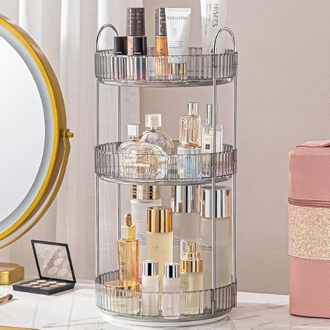 Makeup Organizer for Vanity, 360° Rotating Bathroom Organizer Countertop, High-Capacity Skincare Organizer, Spinning Cosmetics Organizer for Dresser Countertop (3 Tiers, Grey)
