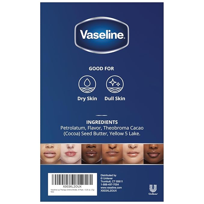 Vaseline Lip Therapy Creme Brulee Mini, White Petrolatum, Advanced Moisturizer, Relieves Dull and Dry Skin, Mini Vaseline Petroleum Jelly, Soft & Smooth Vaseline Lips (Pack of 6-0.25 Oz Ea)