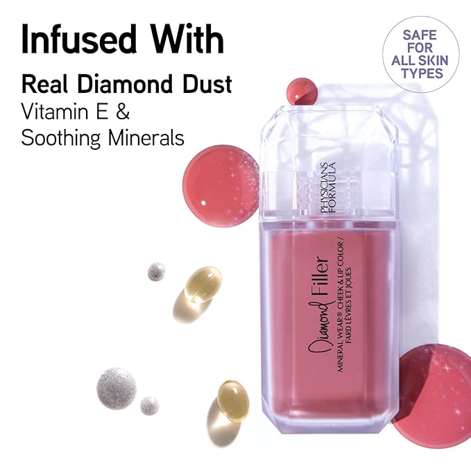 Physicians Formula Mineral Wear®Diamond Filler Cheek & Lip Color, Serum-to-Cream Multi-Use Liquid Blush Formula, Plumps & Smooths for Fuller Looking Cheeks & Lips, Monochromatic Look - Radiant Pink