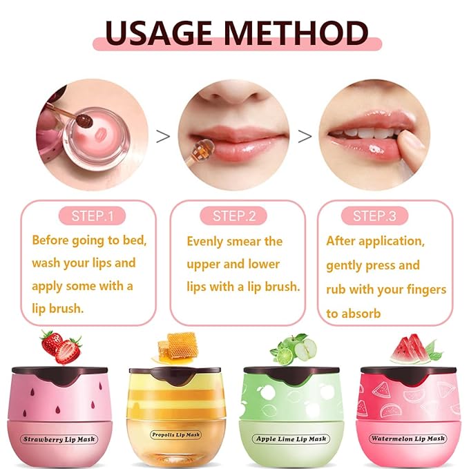 4 Pcs Strawberry & Honey Lip Balm, Vitamin E Lip Masks Moisturizing Propolis Sleeping Lip Mask, Hydrating & Prevention Dry and Cracked Lip Scrubs Exfoliator (2 Pack Strawberry + 2 Pack Honey)