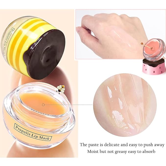 4 PCS Bee Lip Mask Balm Honey Pot, Strawberry & Honey Lip Masks Hydrating Prevention Dry and Cracked Lip Scrubs Exfoliator, Lip Exfoliating Sleeping Lip Mask, Moisturizing Lip Reduces Lip Lines