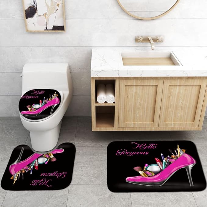 4PCS Hello Gorgeous Shower Curtain Set, Hot Pink High Heels Lipstick Makeup Fashion Girls Women Bathroom Decor, Waterproof Fabric Black Shower Curtain, Non-Slip Bath Mat Toilet Rug, Hot Pink