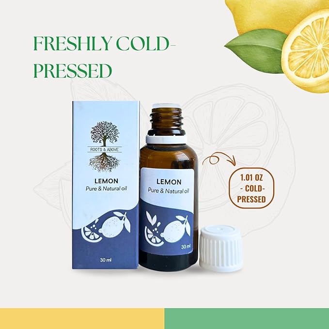 Roots & Above Pure Natural Lemon Essential Oil 1.01 oz/30ml Cold Pressed Oils for Skin, Hair, Massage, Diffusers & Candle Making