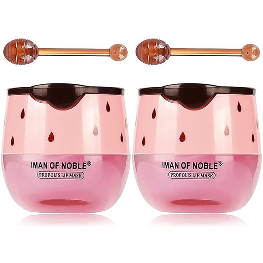 2 Pack Bee Lip Balm Honey Pot, Moisturizing Strawberry Lip Mask, Hydrating & Prevention Dry and Cracked Lip Scrubs Exfoliator Lip Sleeping Mask Reduces Lip Lines Nourishing Lip Care Mask