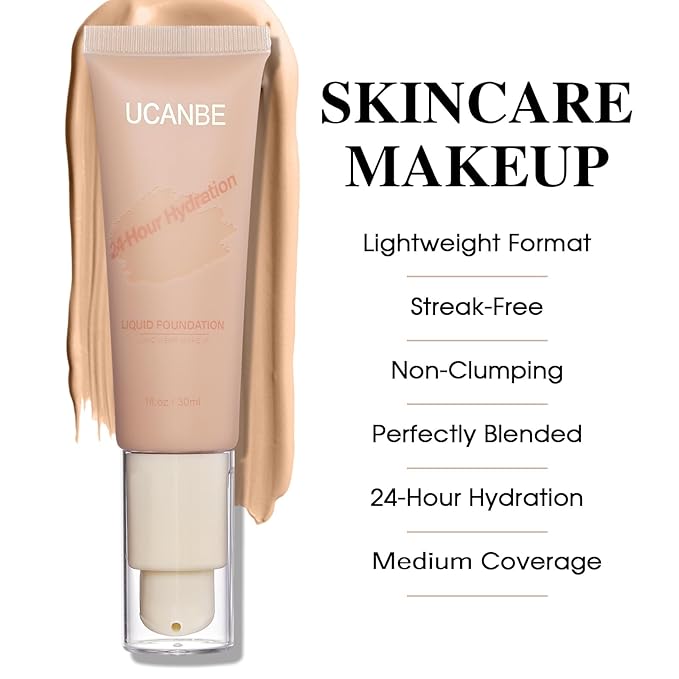 UCANBE Matte Liquid Foundation with Brush, Serum Foundation Face Makeup with Hyaluronic Acid, Medium to Full Coverage Waterproof Oil Control Longwear, for Mature Skin, Classic Ivory, 1 fl. oz.