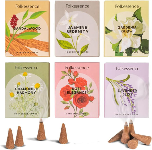Folkulture Incense Cones Scented | Set of 6 (60 Cones) Pack for Relaxation | Rose, Chamomile, Jasmine, Lavender, Sandalwood Inscents for Gifts for Her | Incense Cone Variety Pack