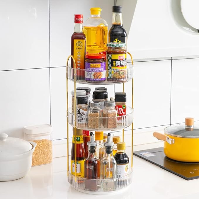 Vanity Organizer - 360 Rotating Countertop, High-Capacity Skincare & Cosmetics Organizer (3 Tiers, Clear)