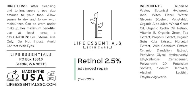 Life Essentials Retinol Serum 2.5% for Wrinkles, Fine Lines, Acne Scars, & Skin Blemishes- Vitamin A + Hyaluronic Acid, Vitamin E, Organic Green Tea, Jojoba Oil - Organic and Natural