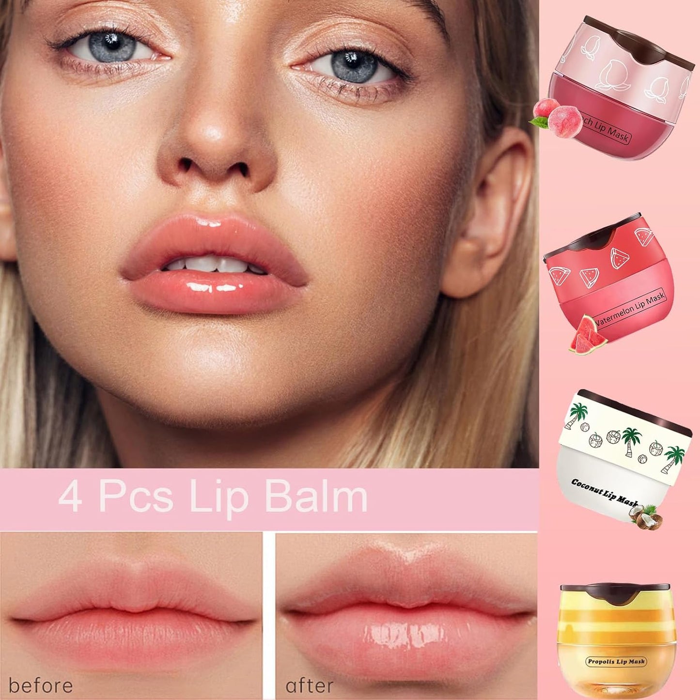 4 PCS Bee Lip Balm Honey Pot, Honey Coconut Watermelon Peach Sleeping Lip Mask Overnight with Sticks, Exfoliating Prevention Dry and Crack Lip Scrubs