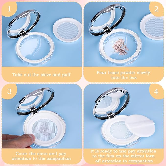 Mabor 2pcs Loose Powder Containers Powder for Women Girls Empty Face Powder Compact Powder Puff Container with Mirror Empty Reusable Powder Case