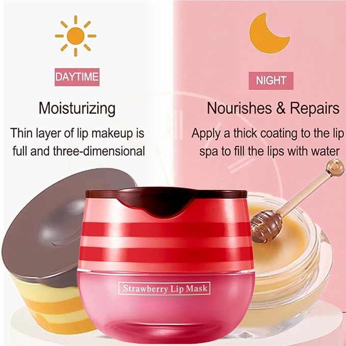 Bee Lip Balm Honey Pot,Honey Lip Mask Propolis Moisturizing Lip Balm with Stick,Hydrating and Prevention Dry and Cracked Lip Scrubs Exfoliator (2 PCS, Honey & Strawberry)