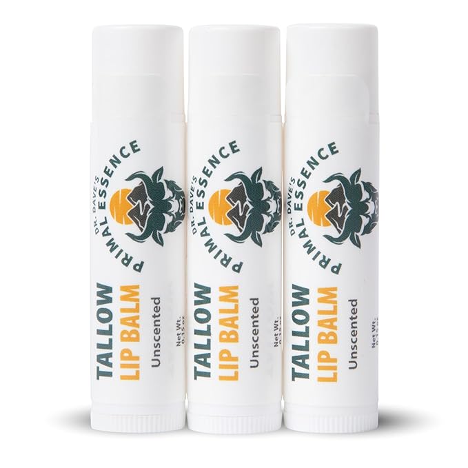 Moisturizing Tallow Lip Balm – Grass-Fed Beef Tallow with Organic Coconut Oil, Beeswax, and Vitamin E – Unscented Lip Balm Set – Travel Essential - 3-Pack