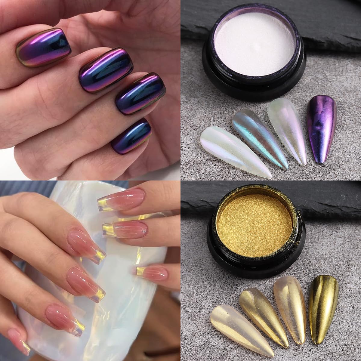 Chameleon Chrome Nail Powder, 10 boxes Pink Purple Aurora Chrome Powder, Gold Silver Holographic Nail Powder, Metallic Mirror Pigment for Nails, Rubbing Dust Manicure Glitter Set
