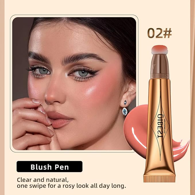 Blush Beauty Wand, Liquid Face Blush with Cushion Applicator, Silky Smooth Cream Blush Stick Natural Matte Finish, Lightweight Blendable Blush Stick Makeup for Cheek Lip eye, Cruelty-free(Peach Pink)