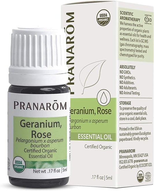 Pranarom USDA Certified Organic Rose Geranium Essential Oil (5ml), 100% Pure Undiluted Therapeutic Grade from Madagascar for Aromatherapy, Diffuser, Skincare, Relaxation, Pure Rose Scent