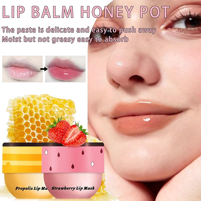 2 PCS Bee Lip Balm Honey Pot, Honey & Strawberry Lip Mask Overnight Propolis Moisturizing Lip Balm Hydrating Prevention Dry and Crack Lip Scrubs Exfoliator Lip Wrinkle Care (Honey&Strawberry)